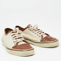 Gucci Off White/Brown Canvas And Leather Lace Up Sneakers Size 42