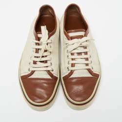 Gucci Off White/Brown Canvas And Leather Lace Up Sneakers Size 42