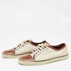 Gucci Off White/Brown Canvas And Leather Lace Up Sneakers Size 42