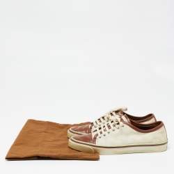 Gucci Off White/Brown Canvas And Leather Lace Up Sneakers Size 42