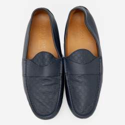 Gucci Navy Blue Microguccissima Leather GG Slip On Loafers Size 44.5