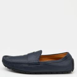 Gucci Navy Blue Microguccissima Leather GG Slip On Loafers Size 44.5