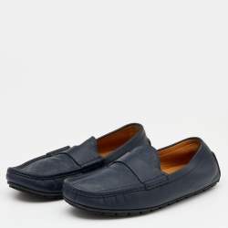 Gucci Navy Blue Microguccissima Leather GG Slip On Loafers Size 44.5