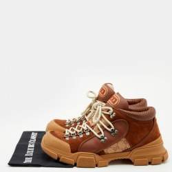 مملوكة مسبقًا حذاء رياضي غوتشي فلاشتريك كانفاس جي جي وسويدي بني عنق منخفض مقاس 44