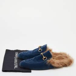 Pre Owned Gucci Blue Velvet and Fur Lined Horsebit Princetown Mule Sandals Size 45
