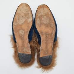 Pre Owned Gucci Blue Velvet and Fur Lined Horsebit Princetown Mule Sandals Size 45