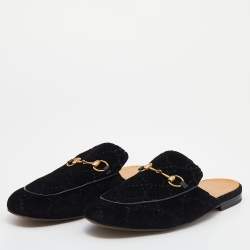 Pre Owned Gucci Black GG Velvet Princetown Horsebit Flat Mules Size 44.5