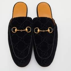 Pre Owned Gucci Black GG Velvet Princetown Horsebit Flat Mules Size 44.5
