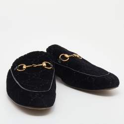 Pre Owned Gucci Black GG Velvet Princetown Horsebit Flat Mules Size 44.5