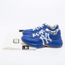 Pre Owned Gucci Blue Leather NY Yankees Rhyton Low Top Sneaker Size 41.5