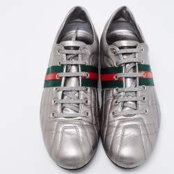 Gucci Metallic Grey Leather Web Low-Top Sneakers Size 42.5