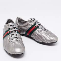 Gucci Metallic Grey Leather Web Low-Top Sneakers Size 42.5