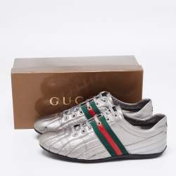 Gucci Metallic Grey Leather Web Low-Top Sneakers Size 42.5