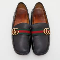 Pre Owned Gucci Black Leather GG Marmont Web Driver Slip On Loafers Size 40