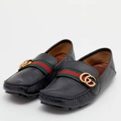 Pre Owned Gucci Black Leather GG Marmont Web Driver Slip On Loafers Size 40