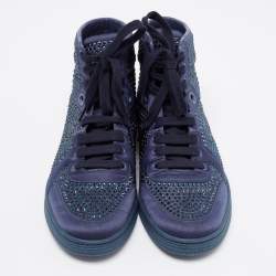 Gucci Blue Satin Crystal Embellished High Top Sneakers Size 39.5