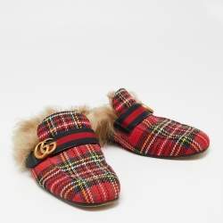 Gucci Multicolor Woven Fabric And Fur Princetown Mules Size 44