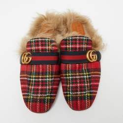 Gucci Multicolor Woven Fabric And Fur Princetown Mules Size 44