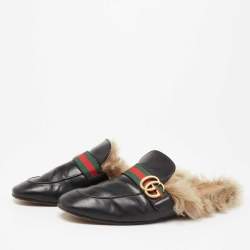 Pre Owned حذاء سلايد غوتشي برنس تاون مارمونت جي جي خط فرو وجلد أسود مقاس 43