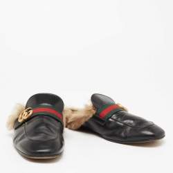 Pre Owned حذاء سلايد غوتشي برنس تاون مارمونت جي جي خط فرو وجلد أسود مقاس 43