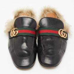 Pre Owned حذاء سلايد غوتشي بر نس تاون مارمونت جي جي خط فرو وجلد أسود مقاس 43