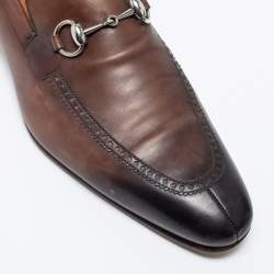 Pre Owned Gucci Brown/Black Leather Horsebit Loafers Size 43