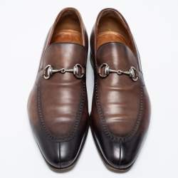 Pre Owned Gucci Brown/Black Leather Horsebit Loafers Size 43