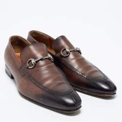 Pre Owned Gucci Brown/Black Leather Horsebit Loafers Size 43