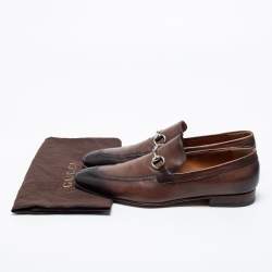 Pre Owned Gucci Brown/Black Leather Horsebit Loafers Size 43