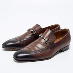 Pre Owned Gucci Brown/Black Leather Horsebit Loafers Size 43