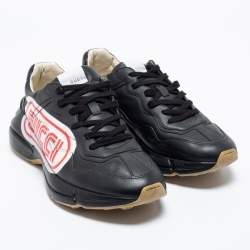 مملوكة مسبقًا Gucci Black Leather Rhyton Lace Up Sneakers  Size 44