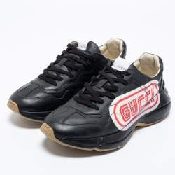 مملوكة مسبقً ا Gucci Black Leather Rhyton Lace Up Sneakers  Size 44