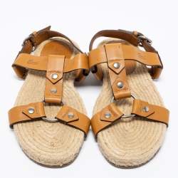 Pre Owned Gucci Tan Leather Ankle Strap Espadrille Sandals Size 40.5