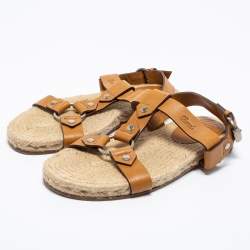 Pre Owned Gucci Tan Leather Ankle Strap Espadrille Sandals Size 40.5