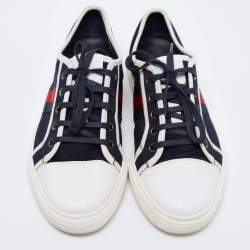 Pre Owned Gucci Navy Blue Leather And Canvas Web Detail Lace Up Sneakers Size 40