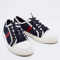 Pre Owned Gucci Navy Blue Leather And Canvas Web Detail Lace Up Sneakers Size 40