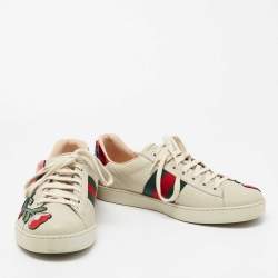 مملوكة مسبقًا حذاء رياضي غوتشي أيس جلد أبيض عنق منخفض مطرز زهور مقاس 43.5