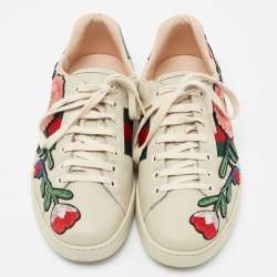 مملوكة مسبقًا حذاء رياضي غوتشي أيس جلد أبيض عنق منخفض مطرز زهور مقاس 43.5