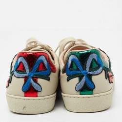 مملوكة مسبقًا حذاء رياضي غوتشي أيس جلد أبيض عنق منخفض مطرز زهور مقاس 43.5