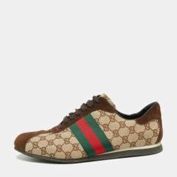 Gucci Brown/Beige GG Canvas and Suede Web Low Top Sneakers Size 44