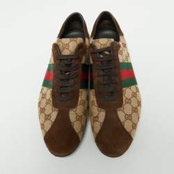 Gucci Brown/Beige GG Canvas and Suede Web Low Top Sneakers Size 44