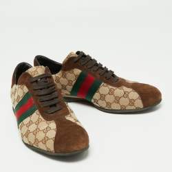 Gucci Brown/Beige GG Canvas and Suede Web Low Top Sneakers Size 44
