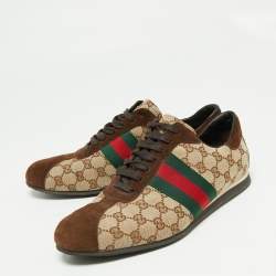 Gucci Brown/Beige GG Canvas and Suede Web Low Top Sneakers Size 44