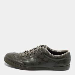 Pre Owned Gucci Olive Green Leather and GG Imprime Coated Canvas Low-Top Sneakers Size 45.5