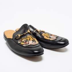 Gucci Black Leather Tiger Patch Horsebit Mules Size 44
