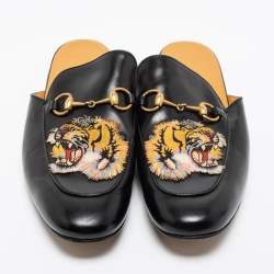 Gucci Black Leather Tiger Patch Horsebit Mules Size 44