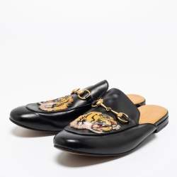Gucci Black Leather Tiger Patch Horsebit Mules Size 44