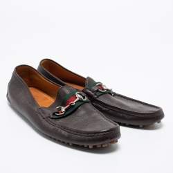Gucci Brown Leather Web Horsebit Loafers Size 43.5