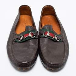 Gucci Brown Leather Web Horsebit Loafers Size 43.5