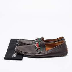 Gucci Brown Leather Web Horsebit Loafers Size 43.5